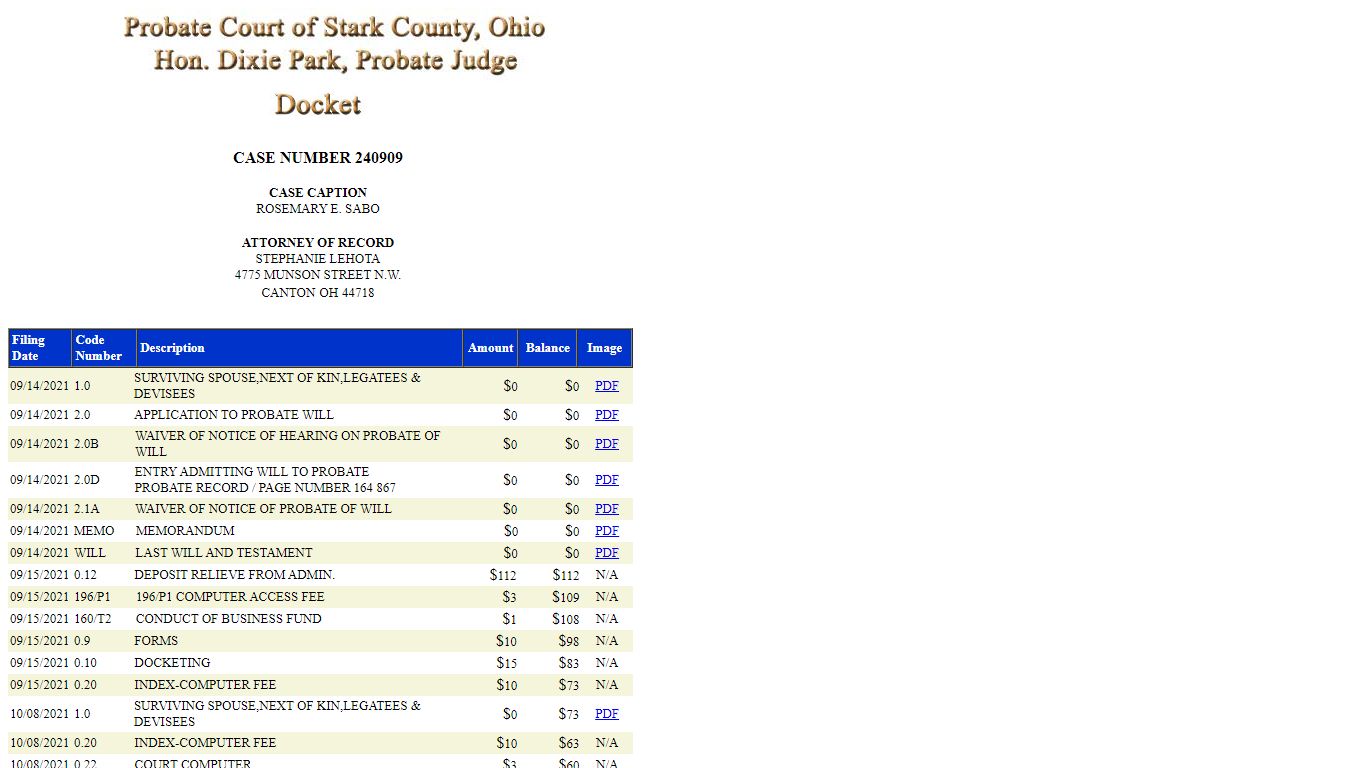 Case Docket - probate.co.stark.oh.us